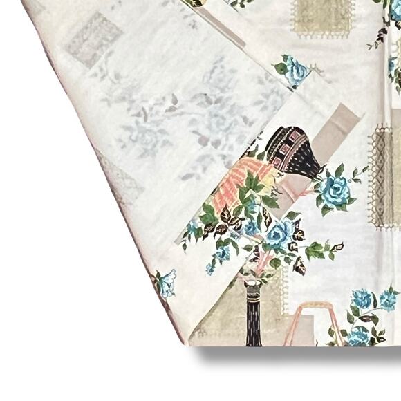 Vintage Mid Century NEW Pair Floral Toile Kitchen Cafe Curtains Scalloped Tabs - Picture 6 of 9